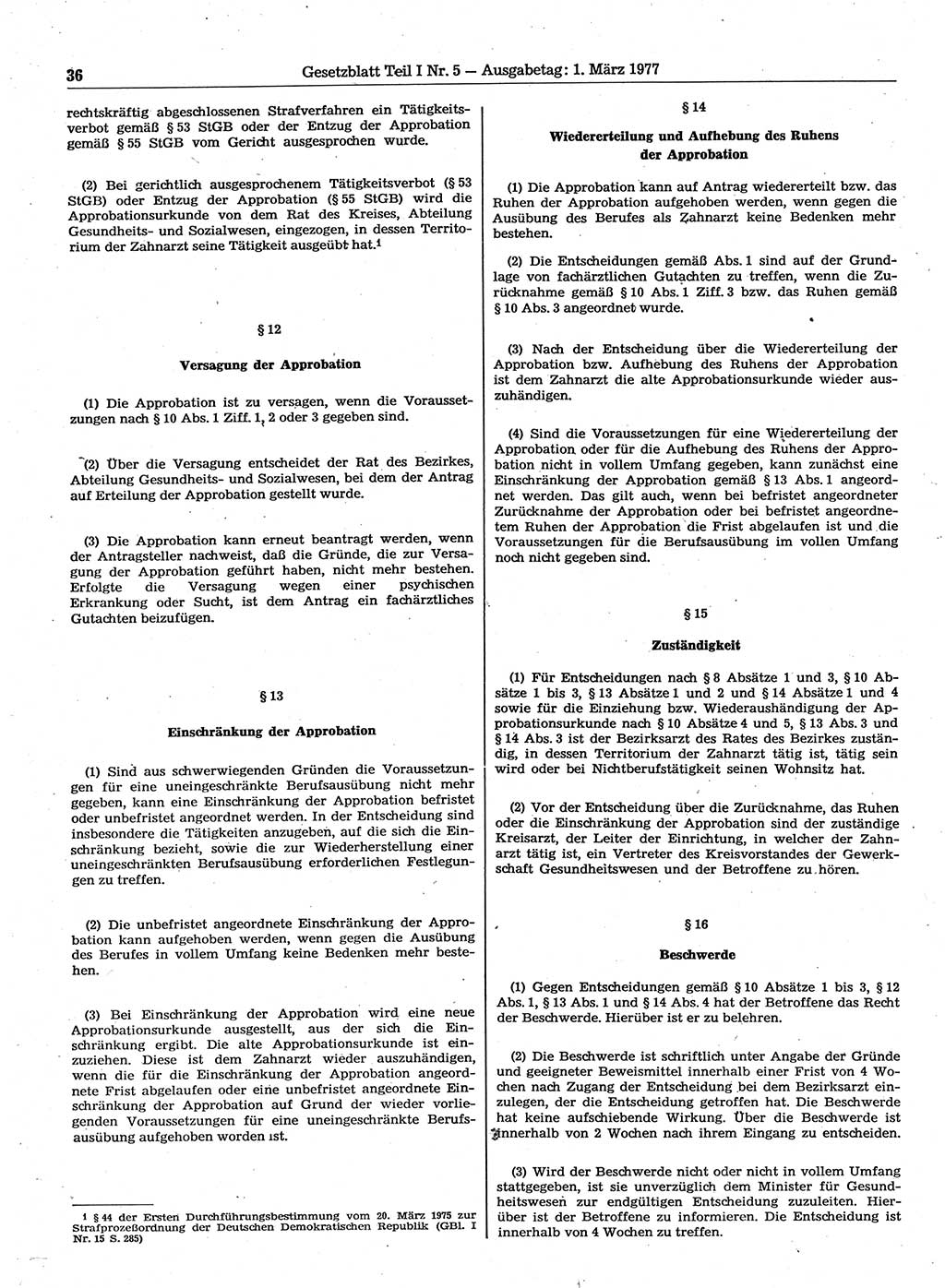 Gesetzblatt (GBl.) der Deutschen Demokratischen Republik (DDR) Teil Ⅰ 1977, Seite 36 (GBl. DDR Ⅰ 1977, S. 36)