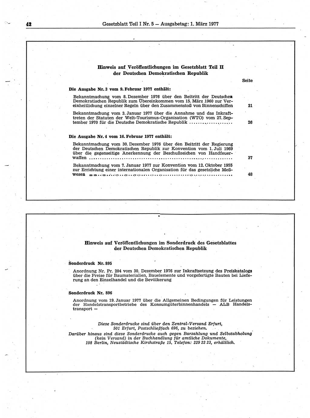 Gesetzblatt (GBl.) der Deutschen Demokratischen Republik (DDR) Teil Ⅰ 1977, Seite 42 (GBl. DDR Ⅰ 1977, S. 42)