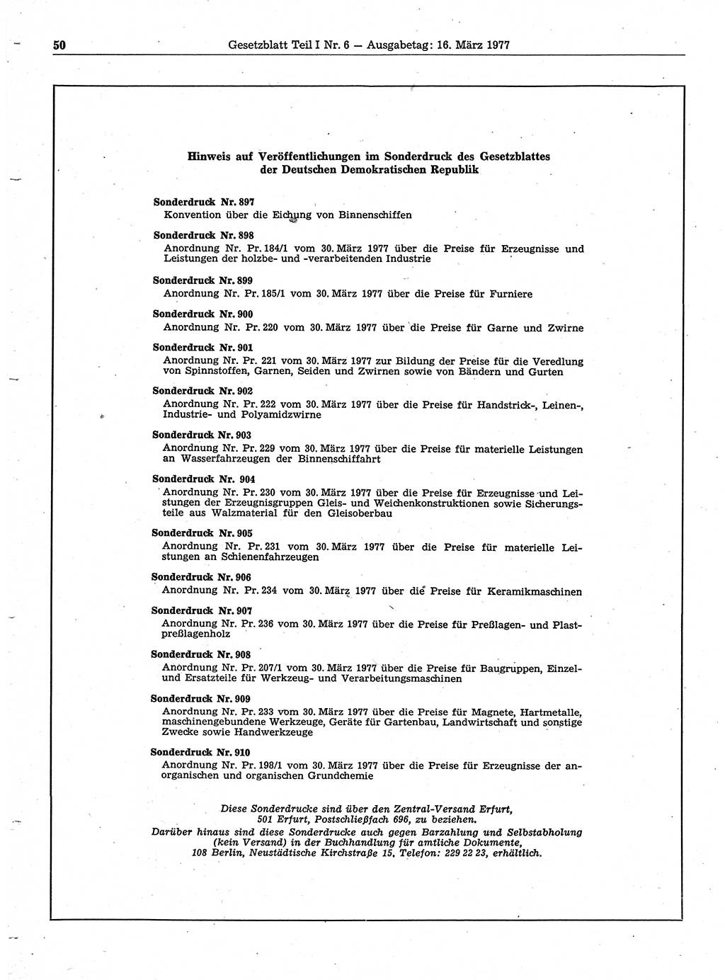 Gesetzblatt (GBl.) der Deutschen Demokratischen Republik (DDR) Teil Ⅰ 1977, Seite 50 (GBl. DDR Ⅰ 1977, S. 50)