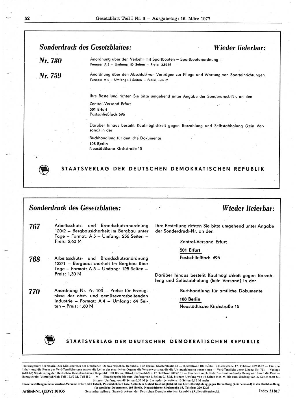 Gesetzblatt (GBl.) der Deutschen Demokratischen Republik (DDR) Teil Ⅰ 1977, Seite 52 (GBl. DDR Ⅰ 1977, S. 52)