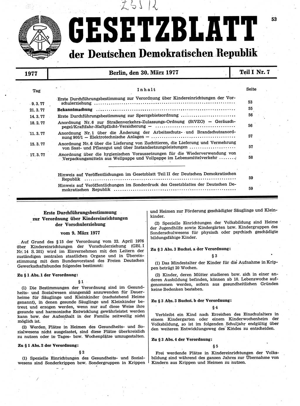 Gesetzblatt (GBl.) der Deutschen Demokratischen Republik (DDR) Teil Ⅰ 1977, Seite 53 (GBl. DDR Ⅰ 1977, S. 53)