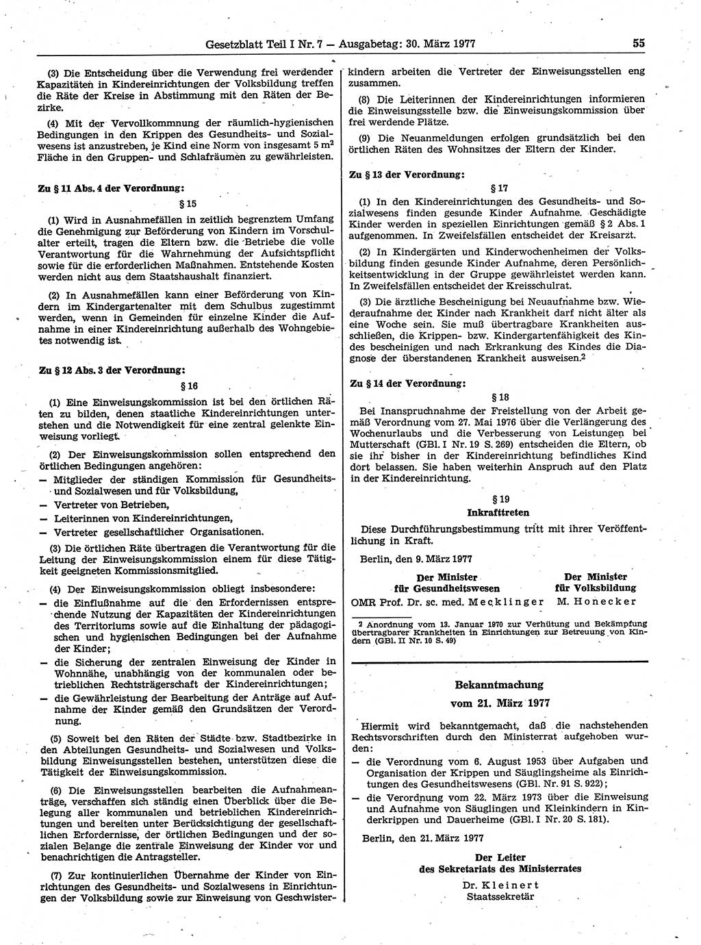 Gesetzblatt (GBl.) der Deutschen Demokratischen Republik (DDR) Teil Ⅰ 1977, Seite 55 (GBl. DDR Ⅰ 1977, S. 55)
