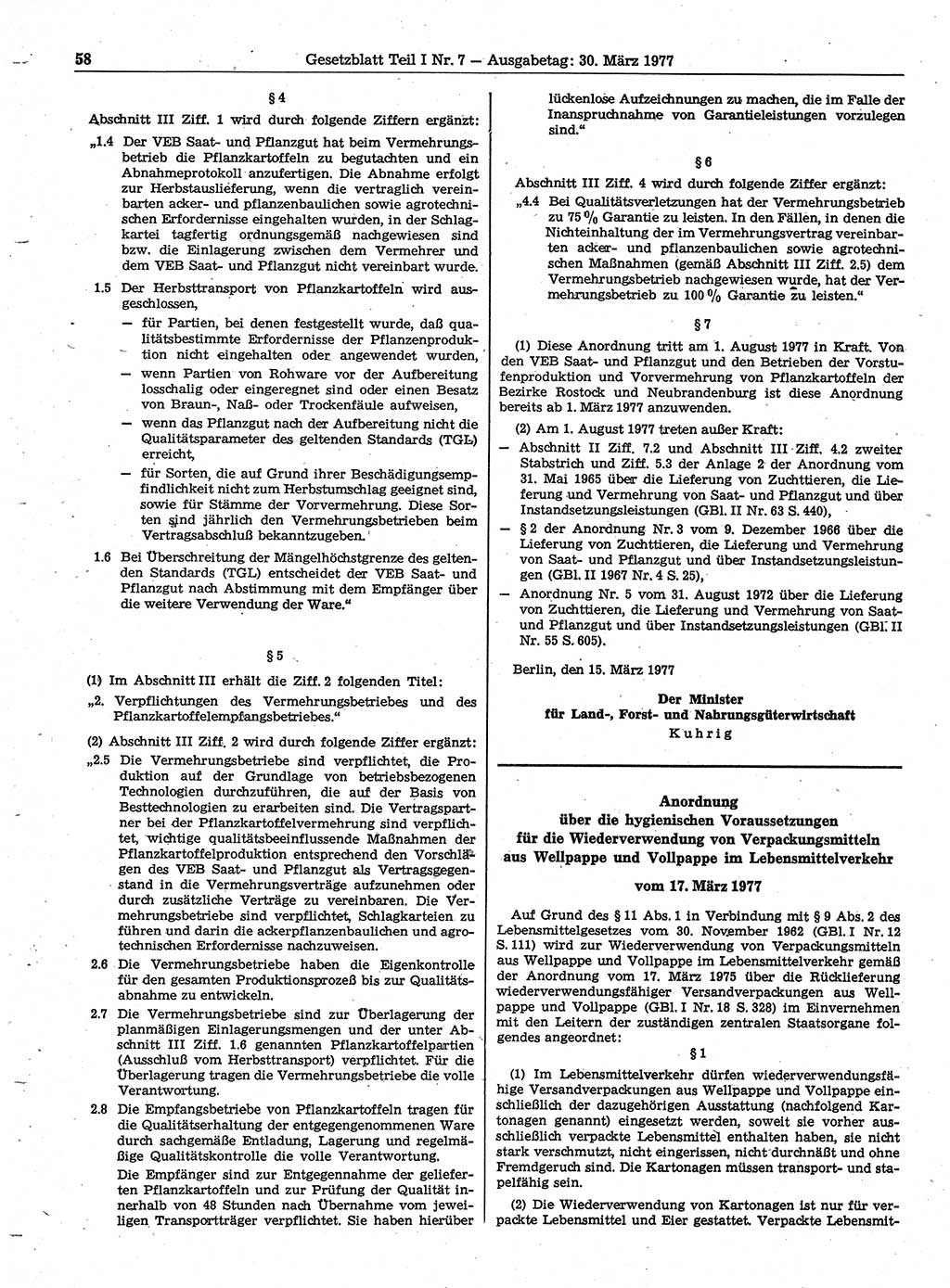 Gesetzblatt (GBl.) der Deutschen Demokratischen Republik (DDR) Teil Ⅰ 1977, Seite 58 (GBl. DDR Ⅰ 1977, S. 58)