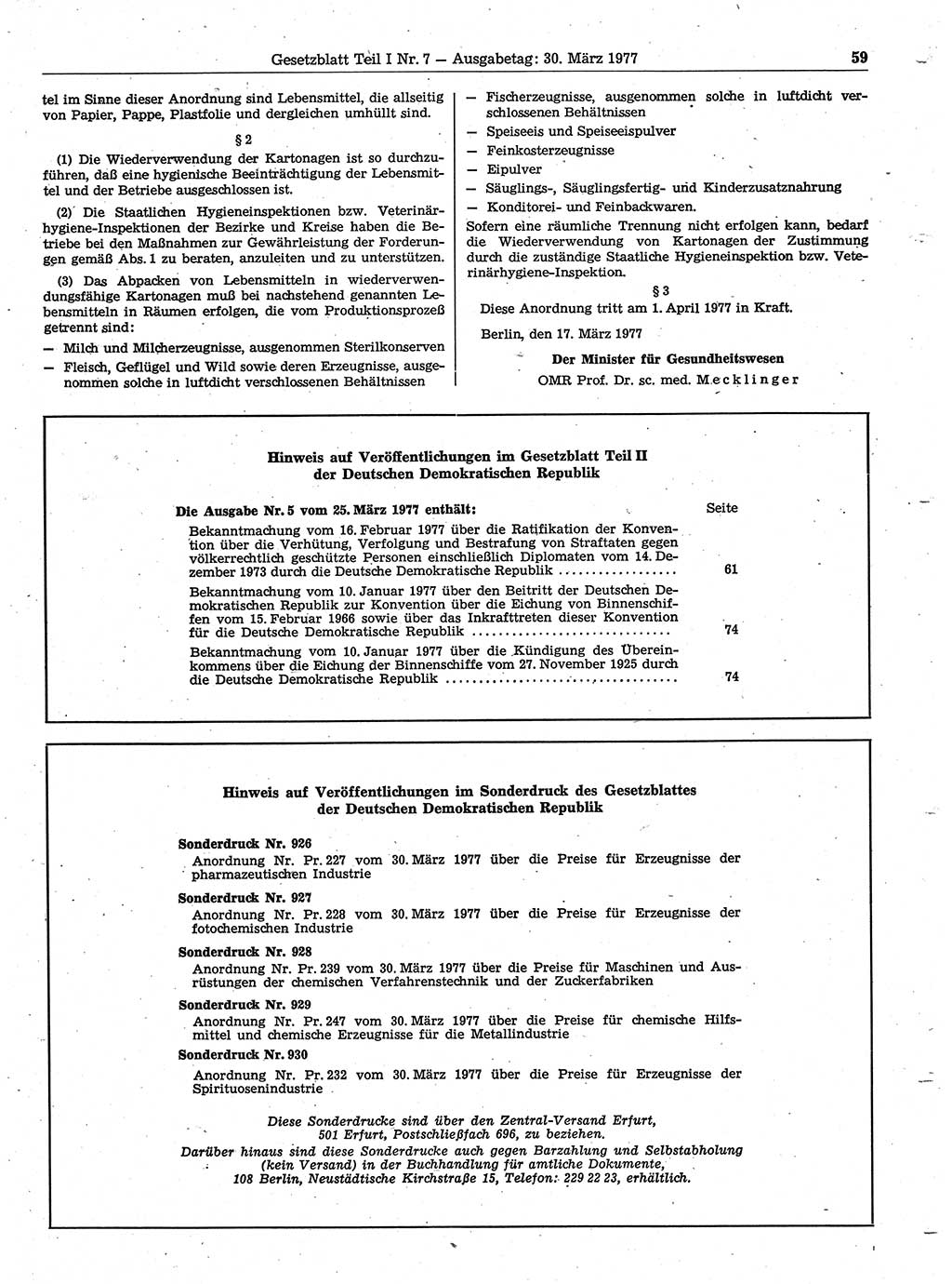 Gesetzblatt (GBl.) der Deutschen Demokratischen Republik (DDR) Teil Ⅰ 1977, Seite 59 (GBl. DDR Ⅰ 1977, S. 59)