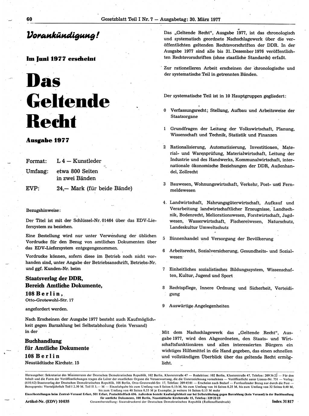 Gesetzblatt (GBl.) der Deutschen Demokratischen Republik (DDR) Teil Ⅰ 1977, Seite 60 (GBl. DDR Ⅰ 1977, S. 60)
