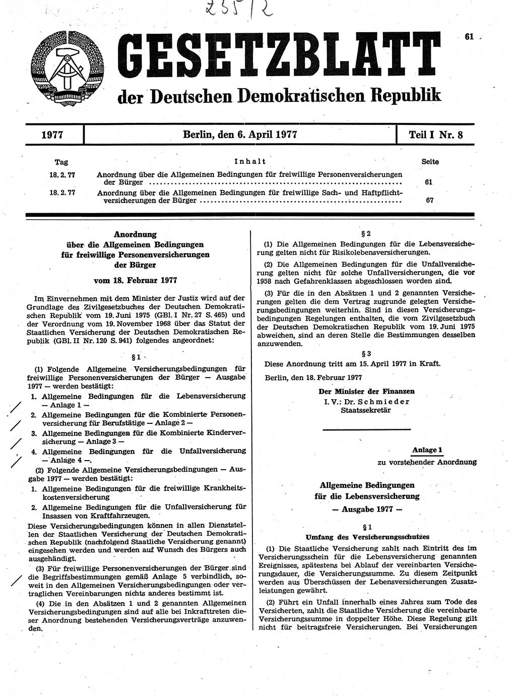 Gesetzblatt (GBl.) der Deutschen Demokratischen Republik (DDR) Teil Ⅰ 1977, Seite 61 (GBl. DDR Ⅰ 1977, S. 61)