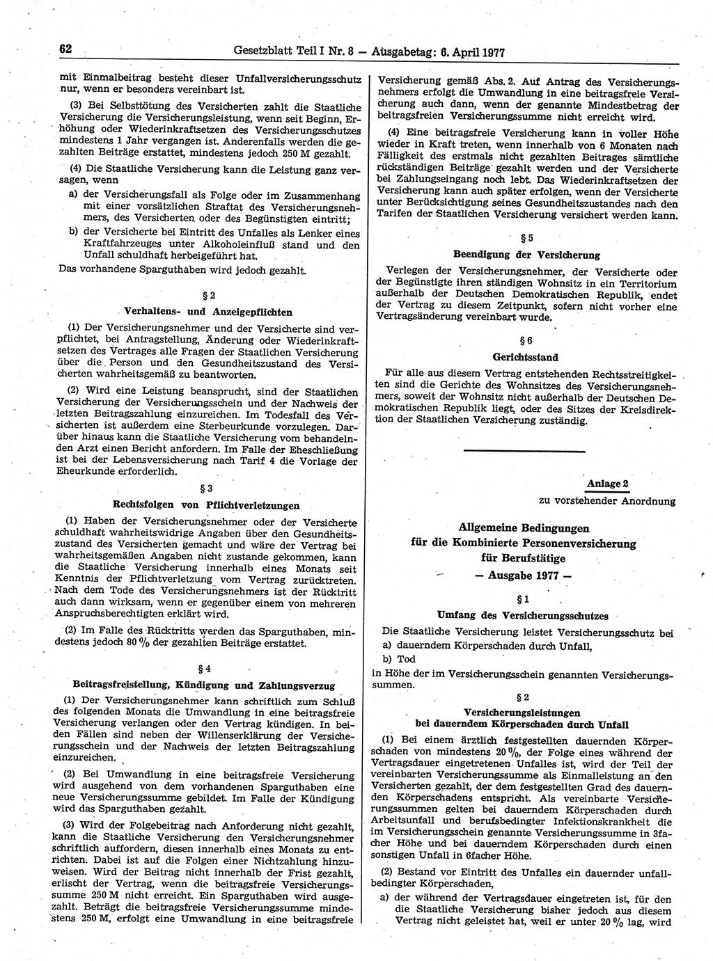 Gesetzblatt (GBl.) der Deutschen Demokratischen Republik (DDR) Teil Ⅰ 1977, Seite 62 (GBl. DDR Ⅰ 1977, S. 62)