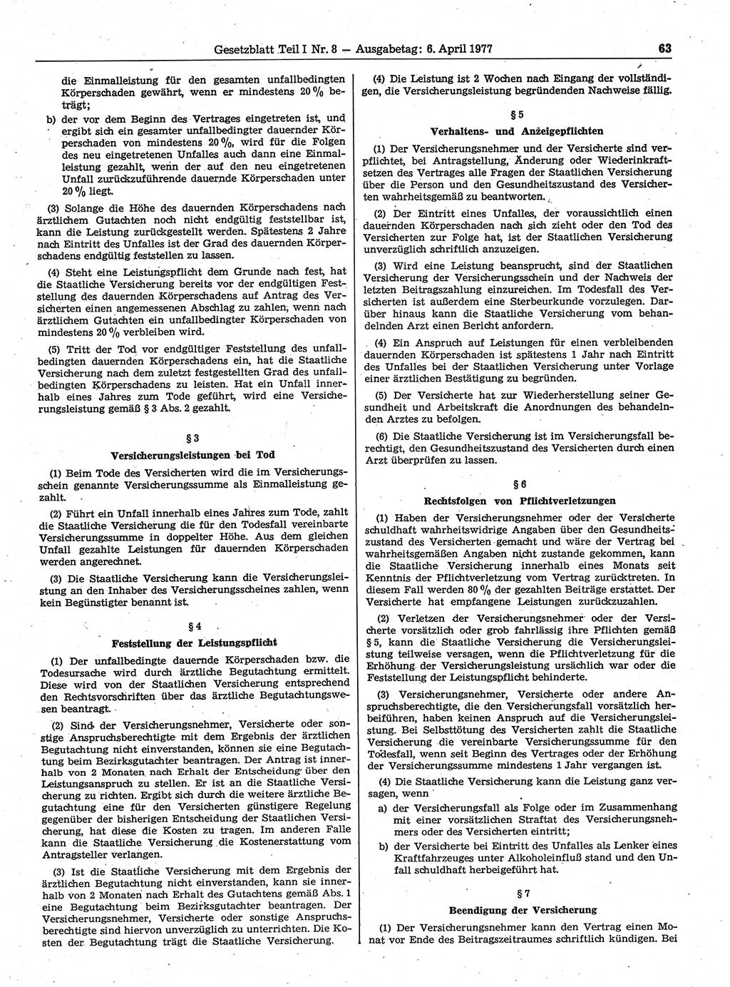 Gesetzblatt (GBl.) der Deutschen Demokratischen Republik (DDR) Teil Ⅰ 1977, Seite 63 (GBl. DDR Ⅰ 1977, S. 63)