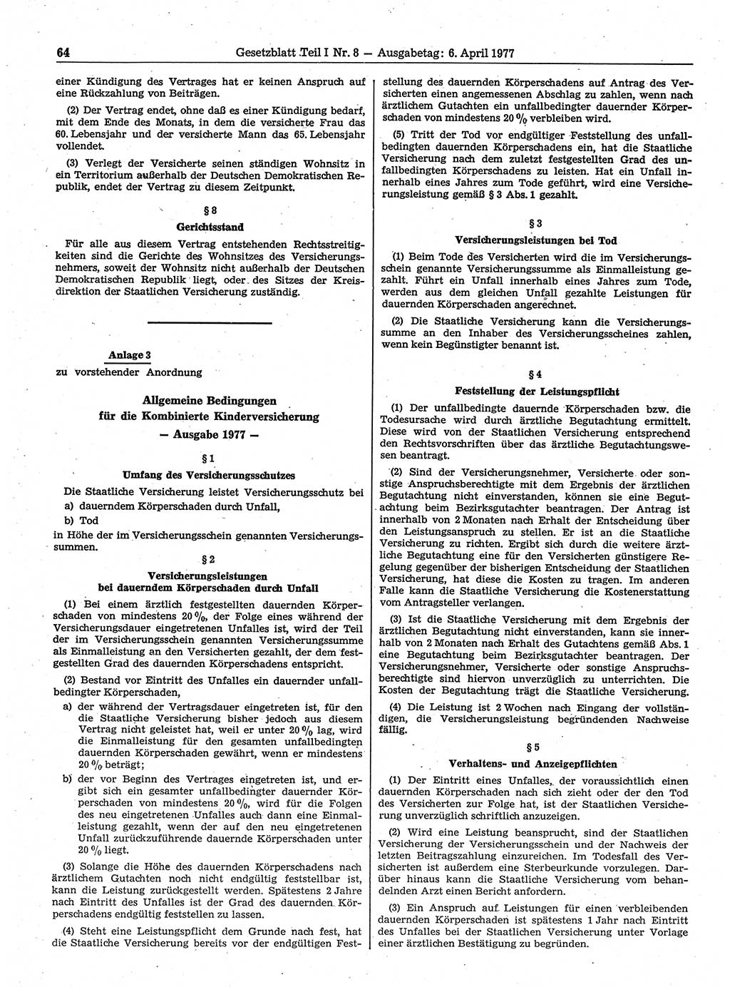 Gesetzblatt (GBl.) der Deutschen Demokratischen Republik (DDR) Teil Ⅰ 1977, Seite 64 (GBl. DDR Ⅰ 1977, S. 64)