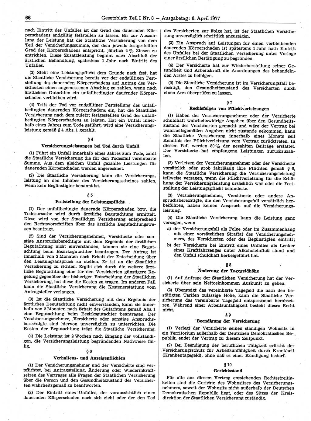 Gesetzblatt (GBl.) der Deutschen Demokratischen Republik (DDR) Teil Ⅰ 1977, Seite 66 (GBl. DDR Ⅰ 1977, S. 66)