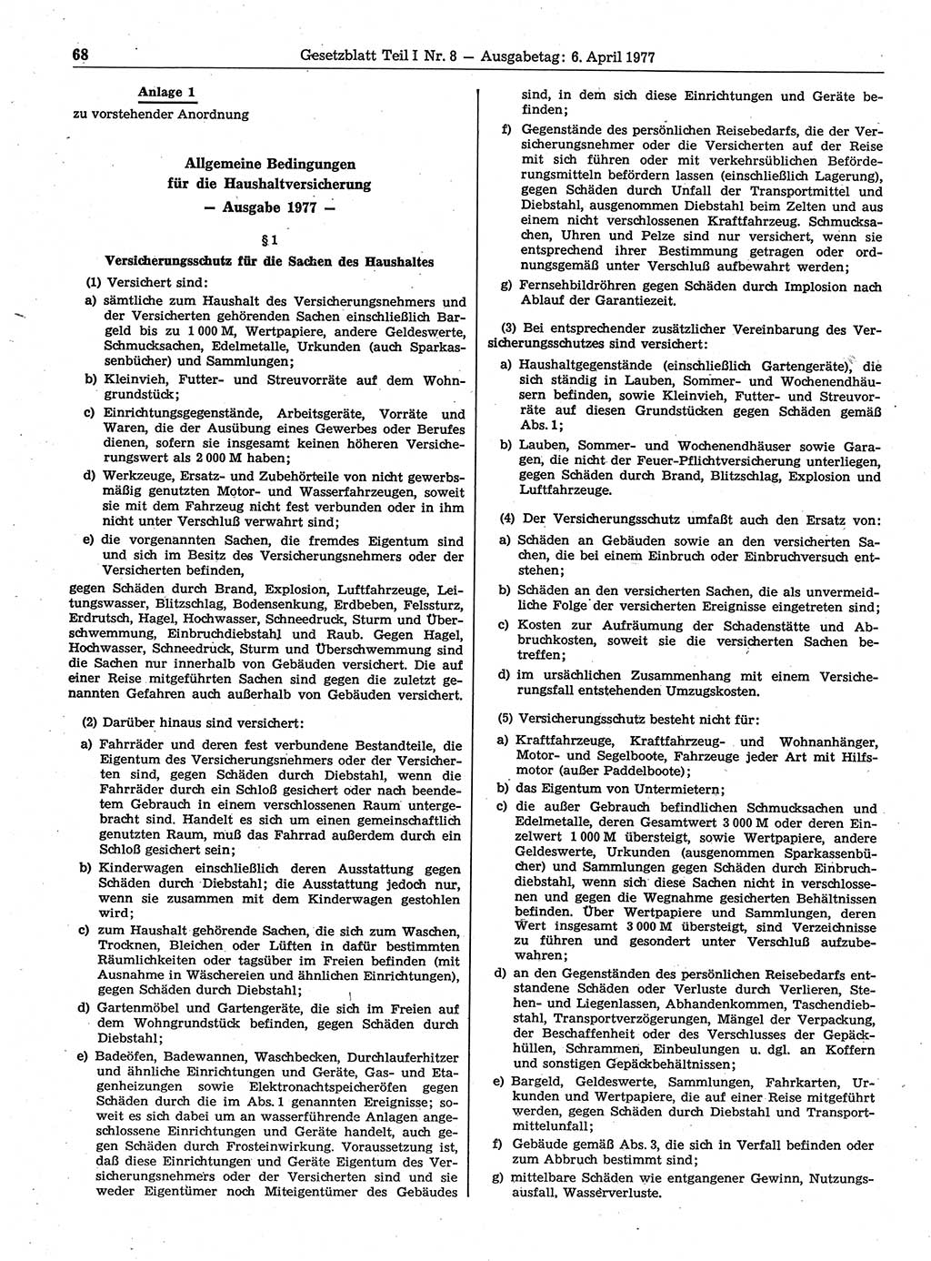 Gesetzblatt (GBl.) der Deutschen Demokratischen Republik (DDR) Teil Ⅰ 1977, Seite 68 (GBl. DDR Ⅰ 1977, S. 68)