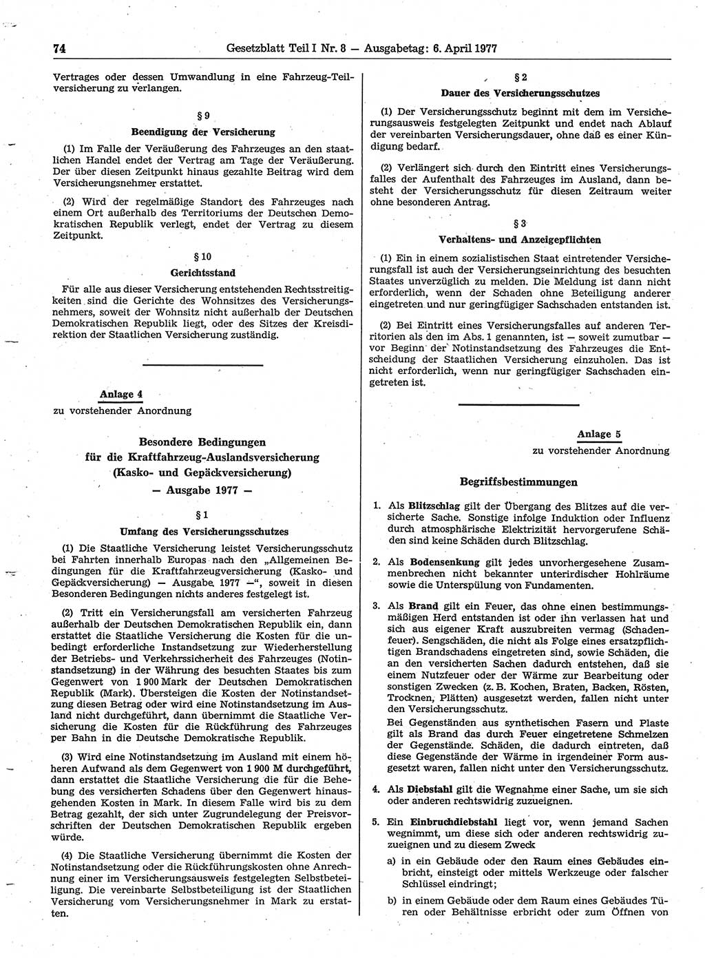 Gesetzblatt (GBl.) der Deutschen Demokratischen Republik (DDR) Teil Ⅰ 1977, Seite 74 (GBl. DDR Ⅰ 1977, S. 74)