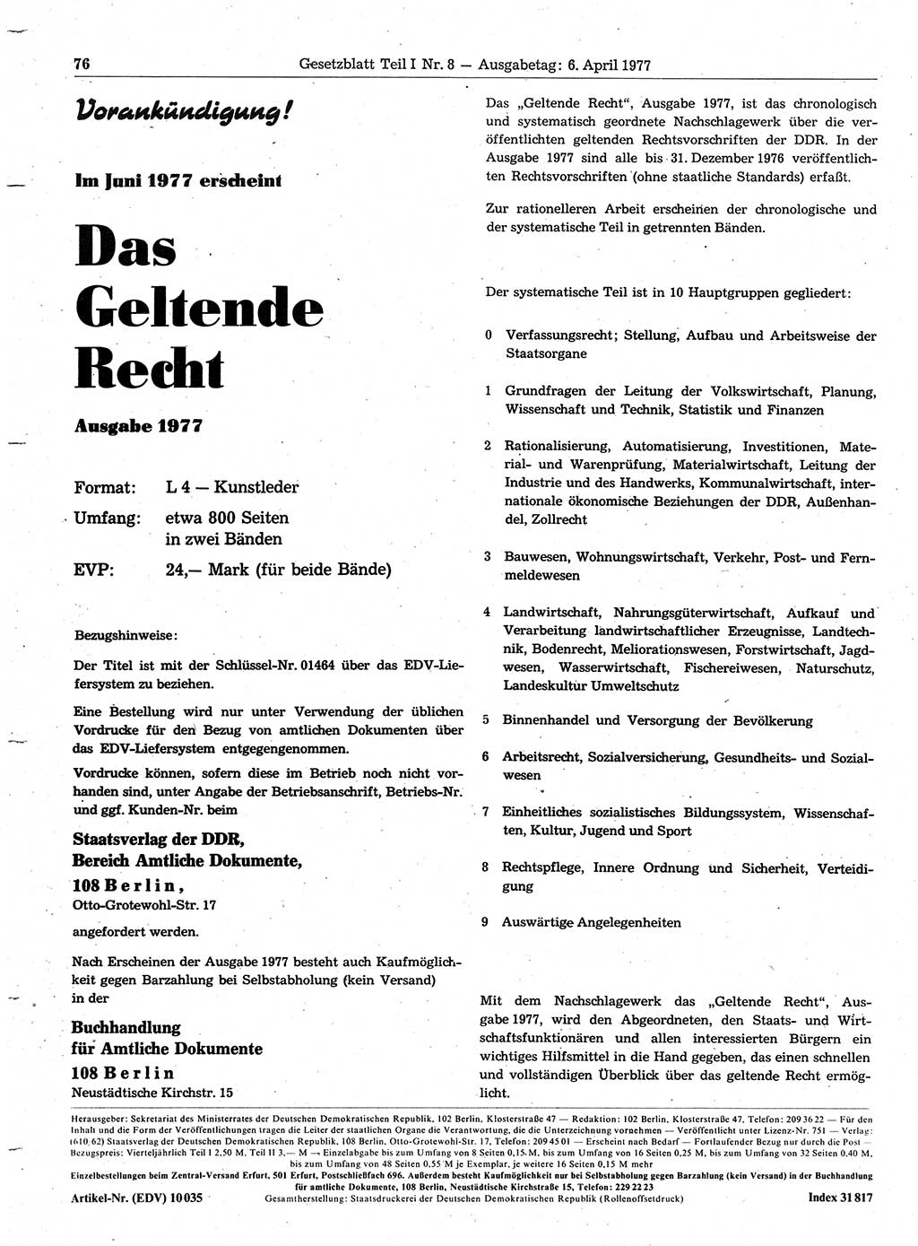 Gesetzblatt (GBl.) der Deutschen Demokratischen Republik (DDR) Teil Ⅰ 1977, Seite 76 (GBl. DDR Ⅰ 1977, S. 76)