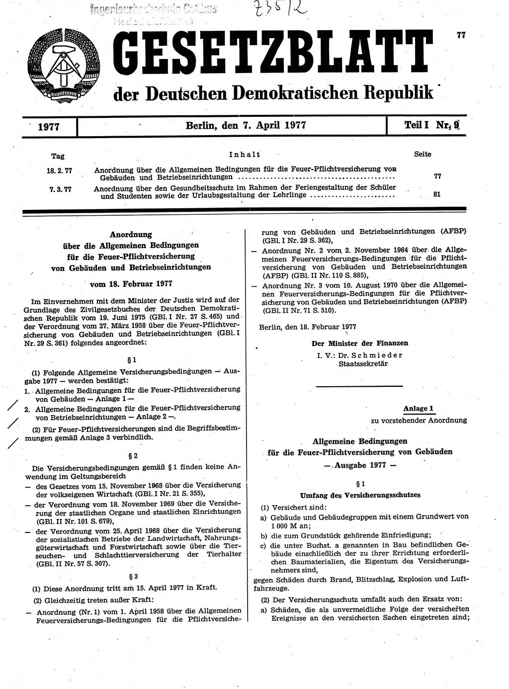 Gesetzblatt (GBl.) der Deutschen Demokratischen Republik (DDR) Teil Ⅰ 1977, Seite 77 (GBl. DDR Ⅰ 1977, S. 77)