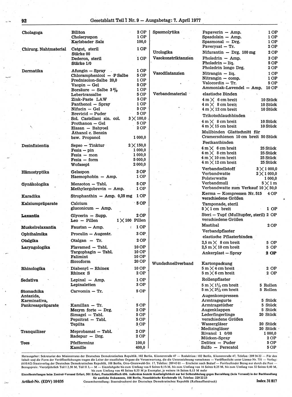 Gesetzblatt (GBl.) der Deutschen Demokratischen Republik (DDR) Teil Ⅰ 1977, Seite 92 (GBl. DDR Ⅰ 1977, S. 92)