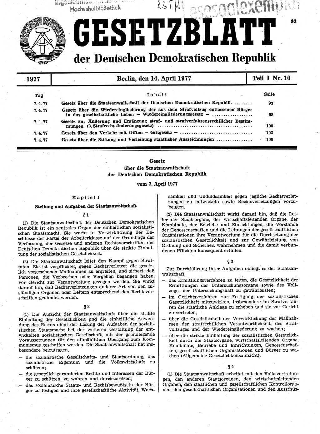 Gesetzblatt (GBl.) der Deutschen Demokratischen Republik (DDR) Teil Ⅰ 1977, Seite 93 (GBl. DDR Ⅰ 1977, S. 93)