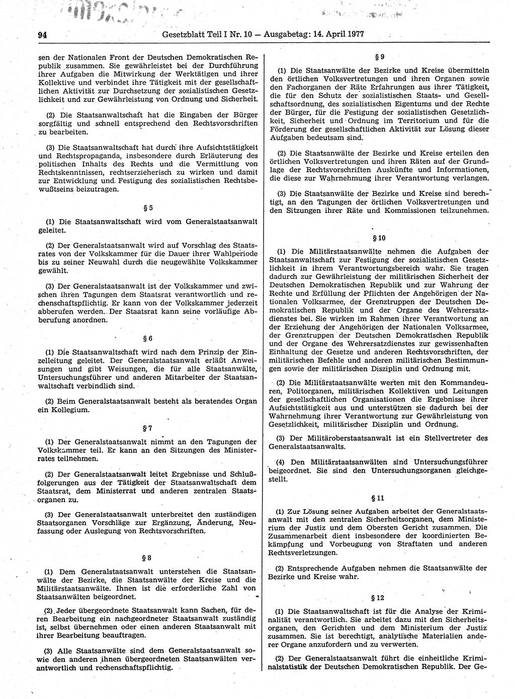 Gesetzblatt (GBl.) der Deutschen Demokratischen Republik (DDR) Teil Ⅰ 1977, Seite 94 (GBl. DDR Ⅰ 1977, S. 94)