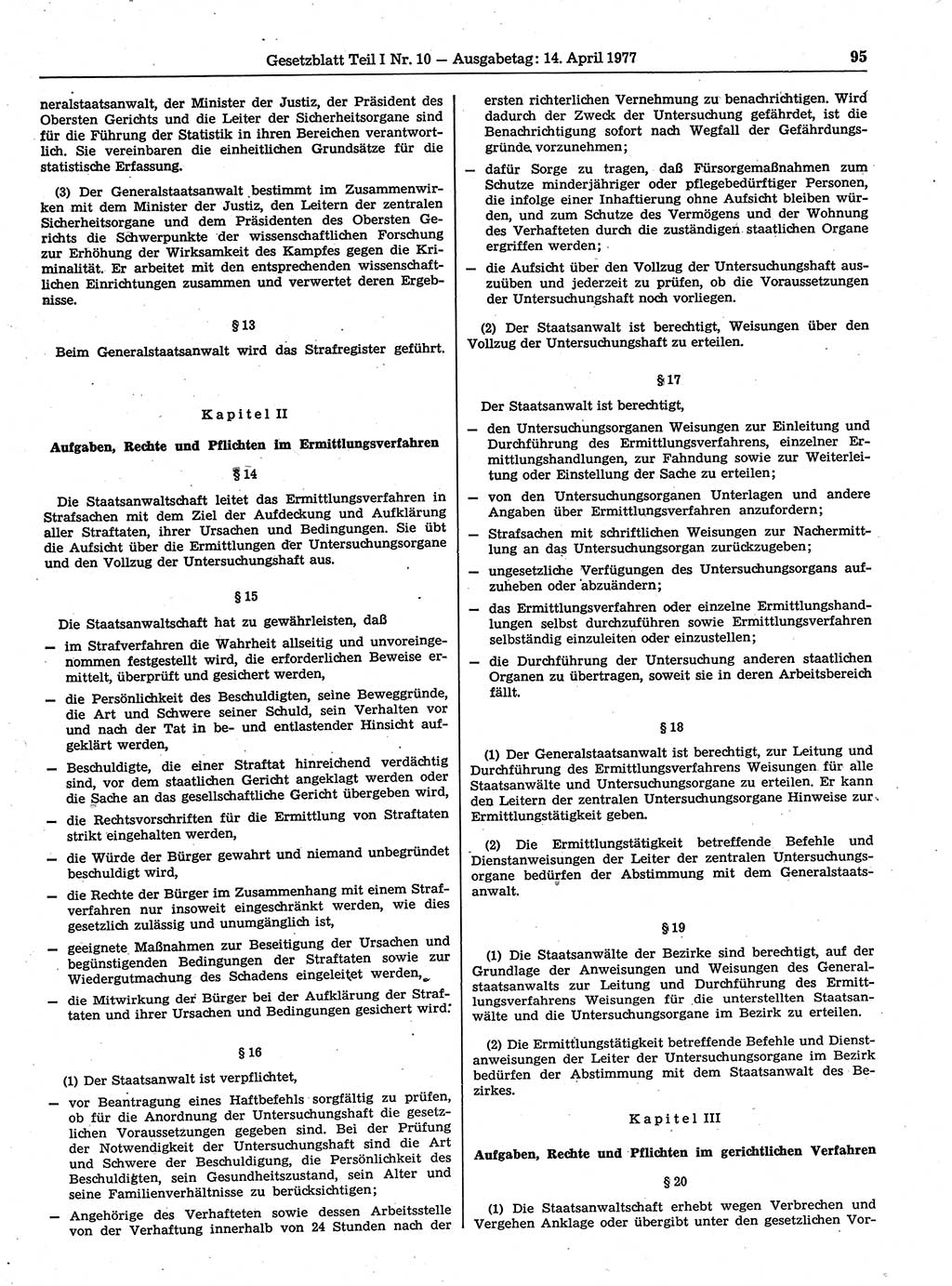 Gesetzblatt (GBl.) der Deutschen Demokratischen Republik (DDR) Teil Ⅰ 1977, Seite 95 (GBl. DDR Ⅰ 1977, S. 95)