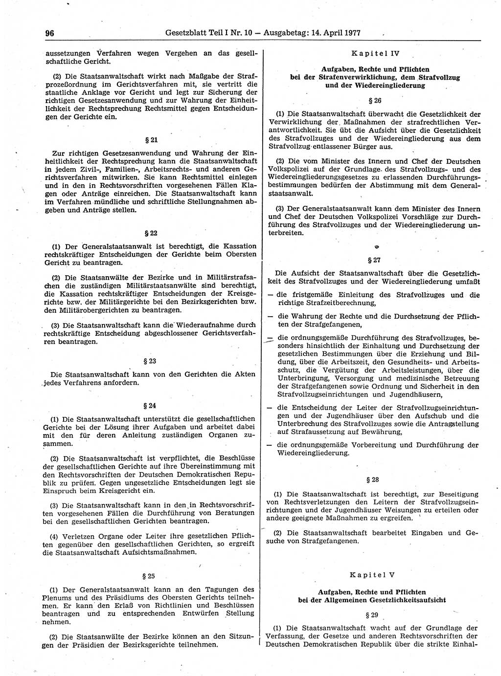 Gesetzblatt (GBl.) der Deutschen Demokratischen Republik (DDR) Teil Ⅰ 1977, Seite 96 (GBl. DDR Ⅰ 1977, S. 96)