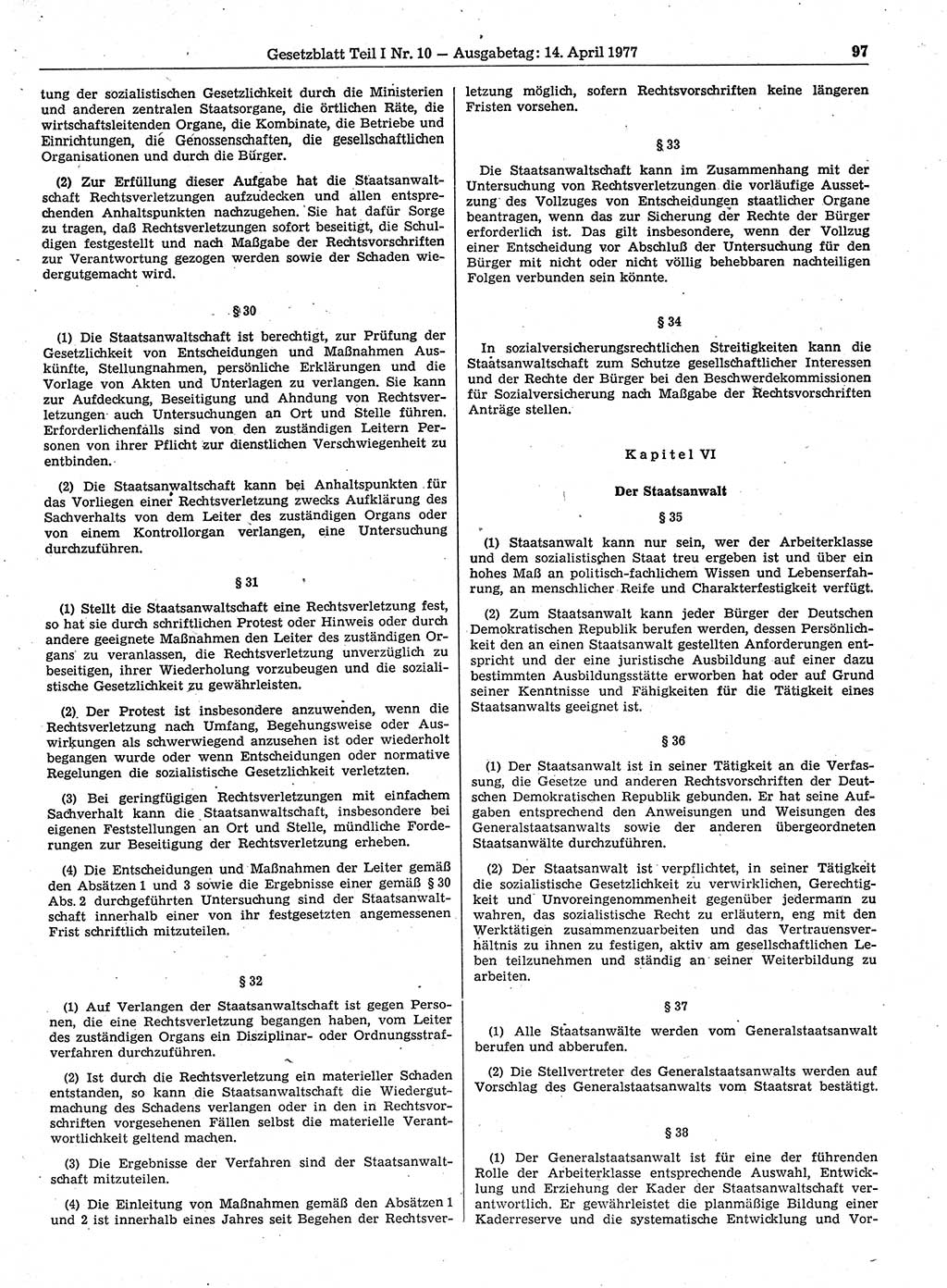 Gesetzblatt (GBl.) der Deutschen Demokratischen Republik (DDR) Teil Ⅰ 1977, Seite 97 (GBl. DDR Ⅰ 1977, S. 97)