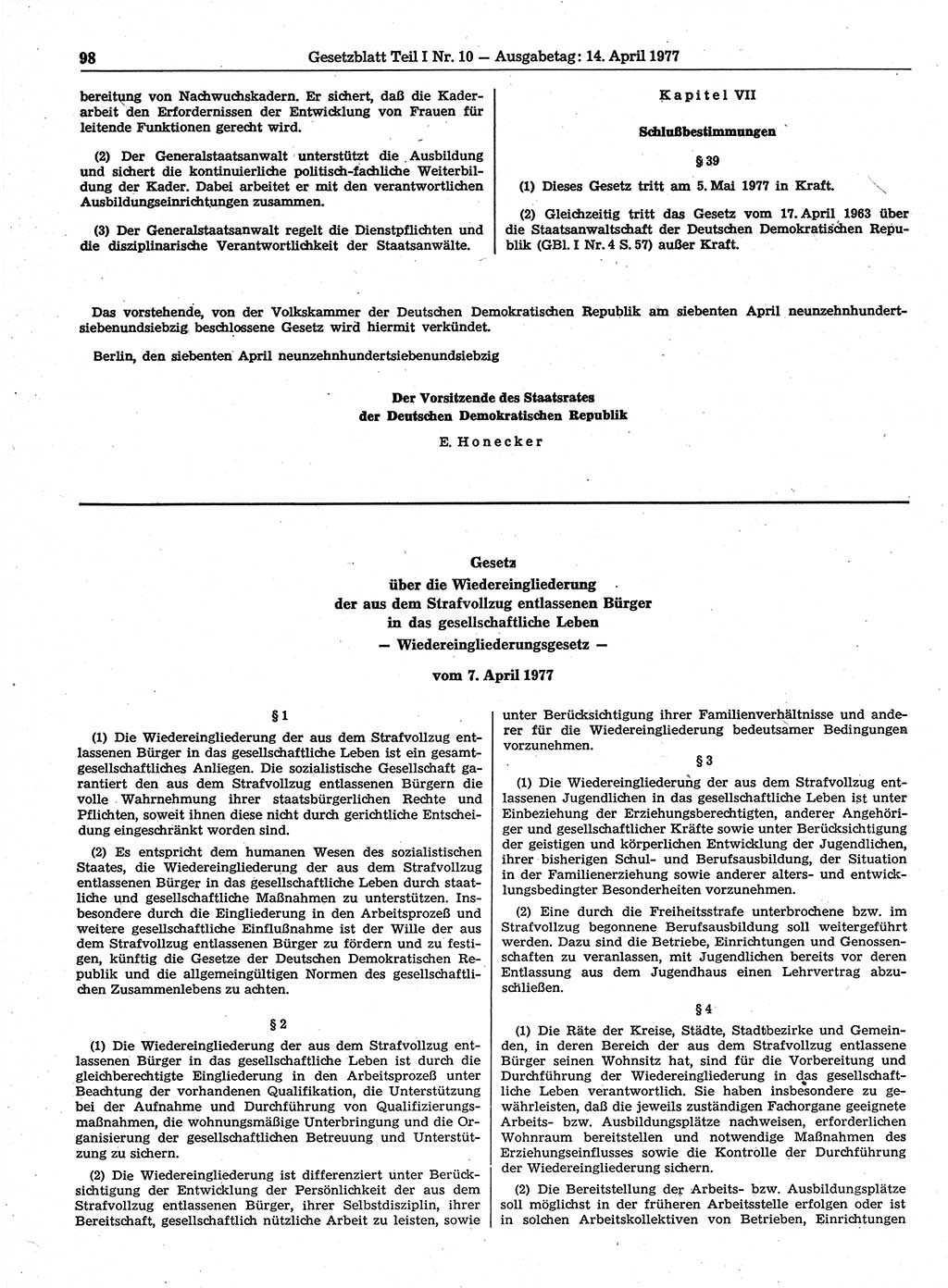 Gesetzblatt (GBl.) der Deutschen Demokratischen Republik (DDR) Teil Ⅰ 1977, Seite 98 (GBl. DDR Ⅰ 1977, S. 98)