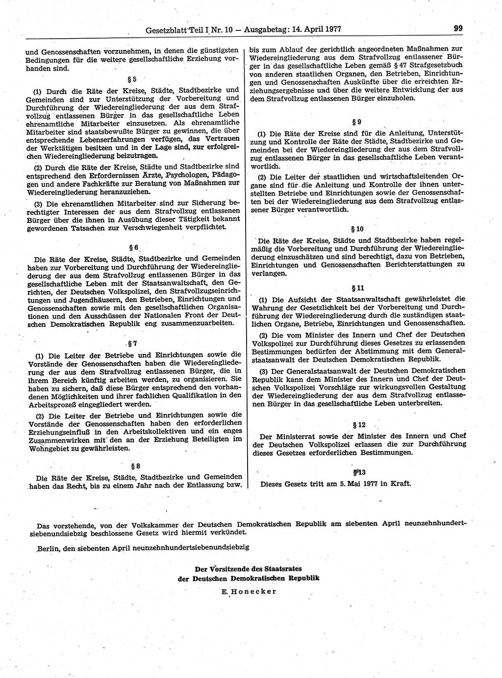Gesetzblatt (GBl.) der Deutschen Demokratischen Republik (DDR) Teil Ⅰ 1977, Seite 99 (GBl. DDR Ⅰ 1977, S. 99)