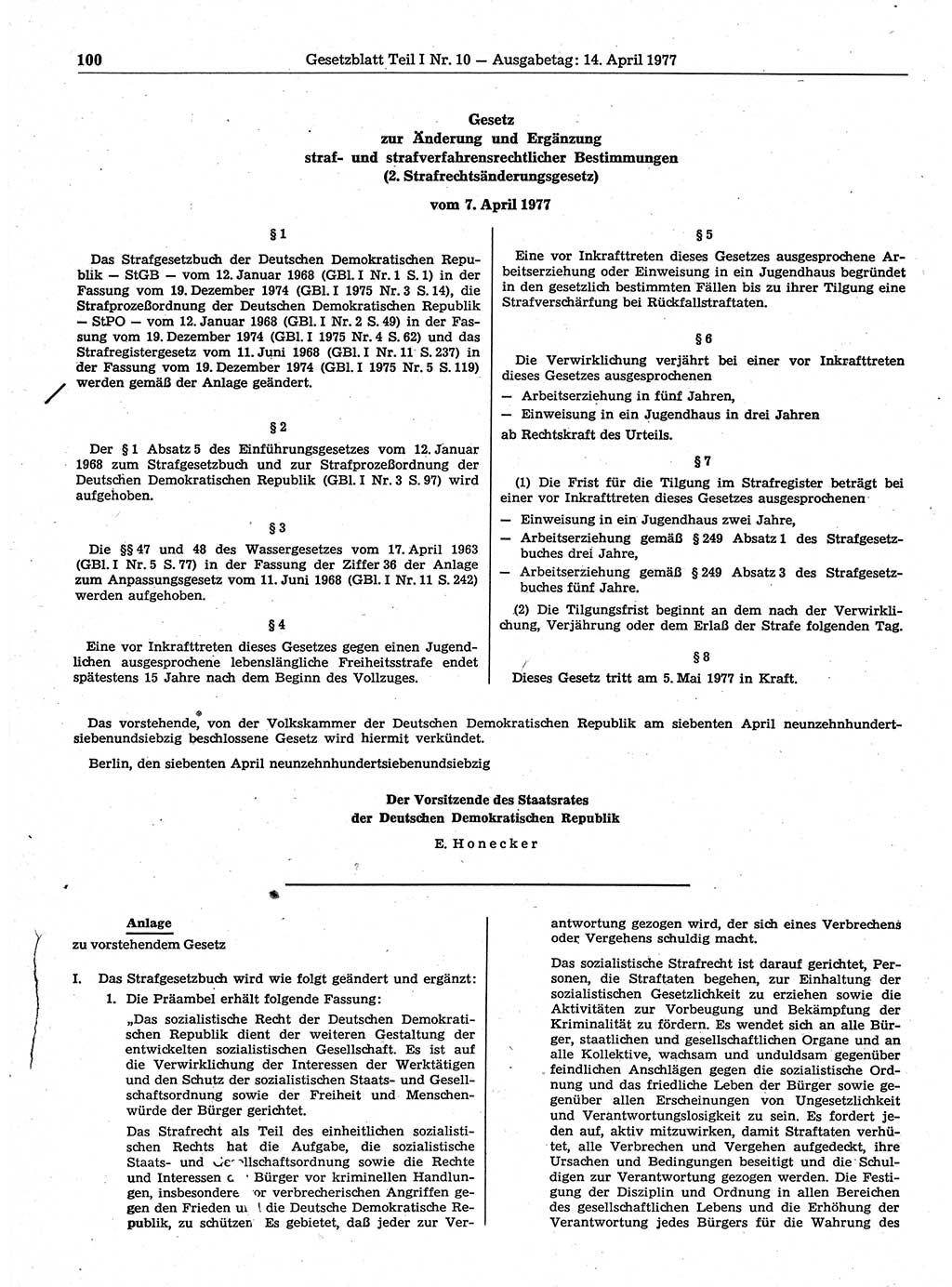 Gesetzblatt (GBl.) der Deutschen Demokratischen Republik (DDR) Teil Ⅰ 1977, Seite 100 (GBl. DDR Ⅰ 1977, S. 100)