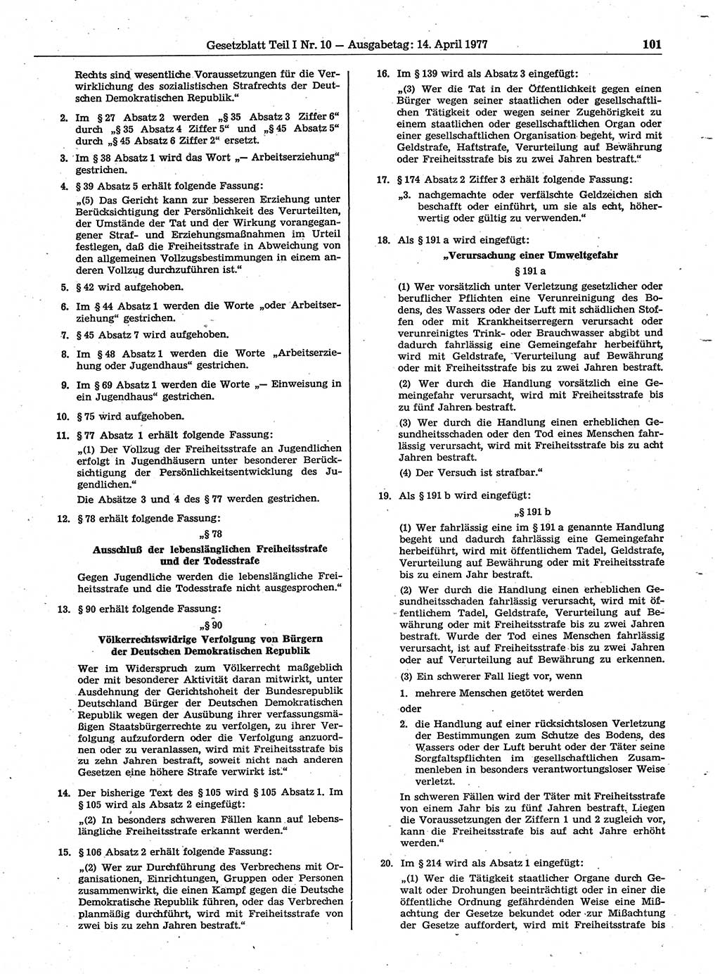 Gesetzblatt (GBl.) der Deutschen Demokratischen Republik (DDR) Teil Ⅰ 1977, Seite 101 (GBl. DDR Ⅰ 1977, S. 101)