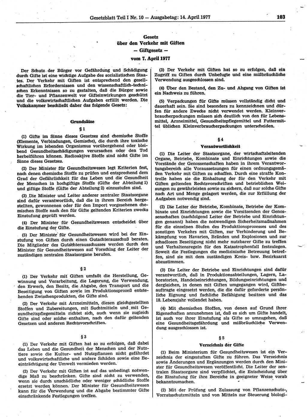 Gesetzblatt (GBl.) der Deutschen Demokratischen Republik (DDR) Teil Ⅰ 1977, Seite 103 (GBl. DDR Ⅰ 1977, S. 103)