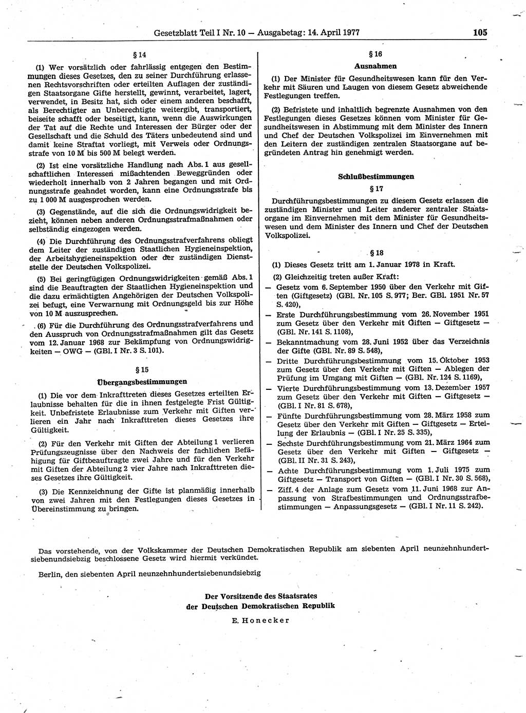 Gesetzblatt (GBl.) der Deutschen Demokratischen Republik (DDR) Teil Ⅰ 1977, Seite 105 (GBl. DDR Ⅰ 1977, S. 105)