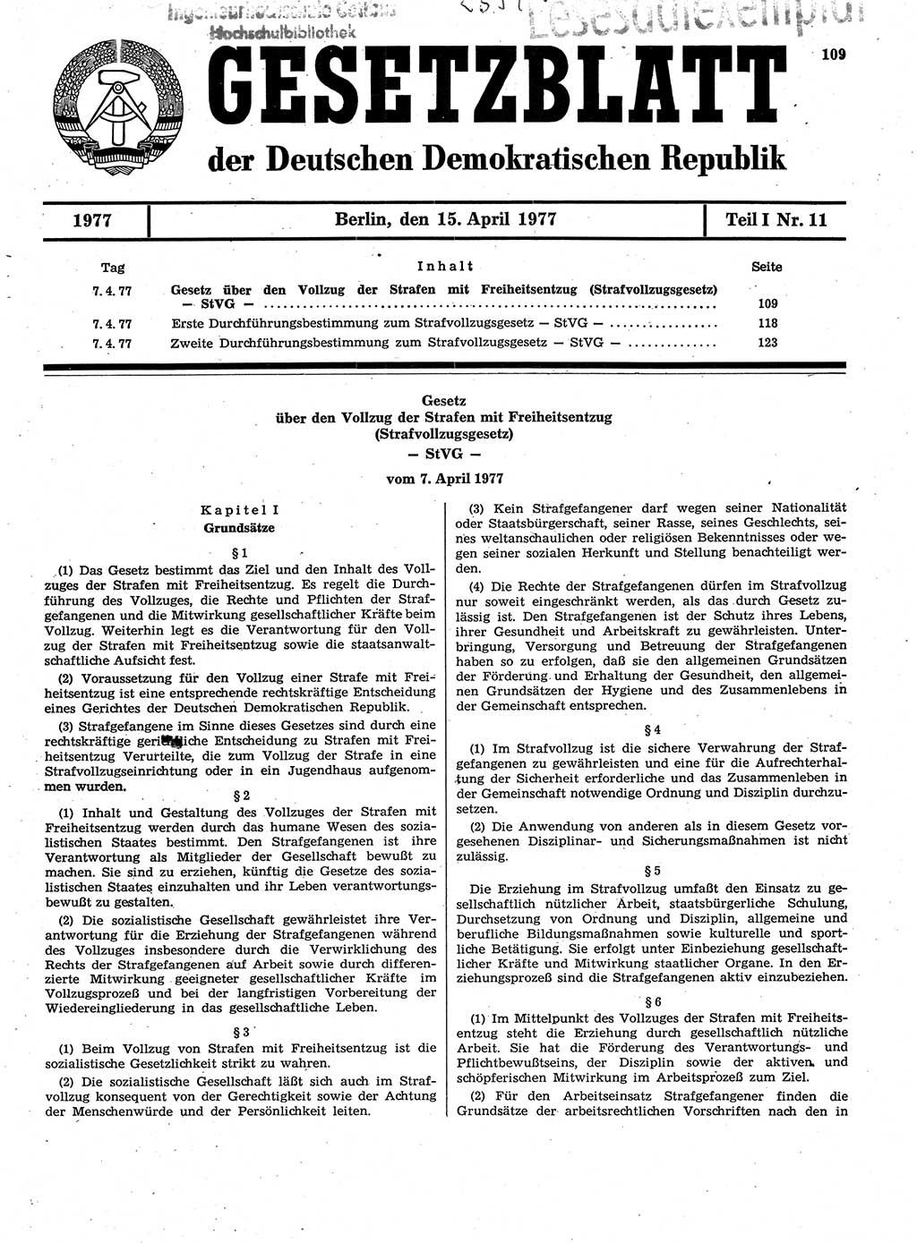 Gesetzblatt (GBl.) der Deutschen Demokratischen Republik (DDR) Teil Ⅰ 1977, Seite 109 (GBl. DDR Ⅰ 1977, S. 109)