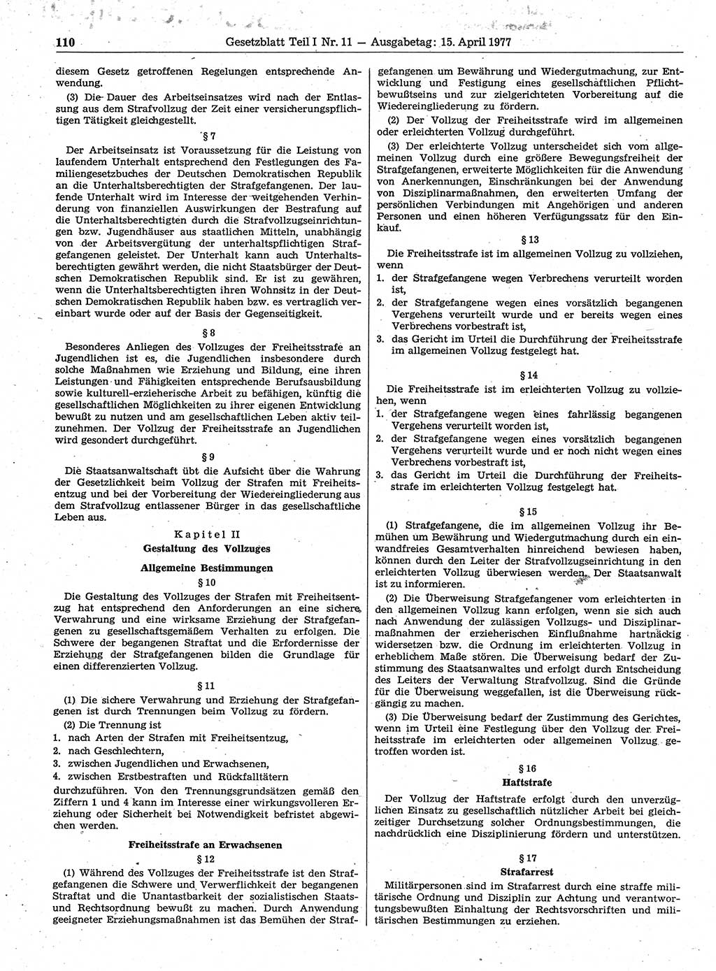 Gesetzblatt (GBl.) der Deutschen Demokratischen Republik (DDR) Teil Ⅰ 1977, Seite 110 (GBl. DDR Ⅰ 1977, S. 110)