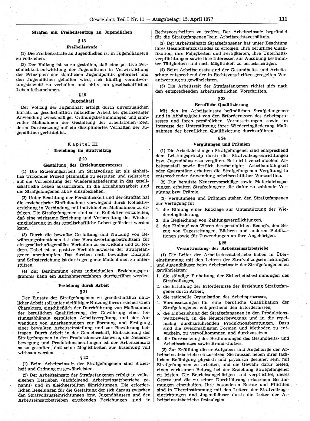 Gesetzblatt (GBl.) der Deutschen Demokratischen Republik (DDR) Teil Ⅰ 1977, Seite 111 (GBl. DDR Ⅰ 1977, S. 111)