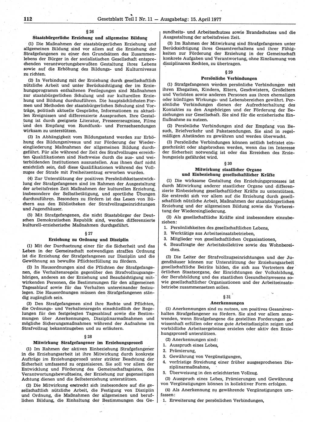 Gesetzblatt (GBl.) der Deutschen Demokratischen Republik (DDR) Teil Ⅰ 1977, Seite 112 (GBl. DDR Ⅰ 1977, S. 112)
