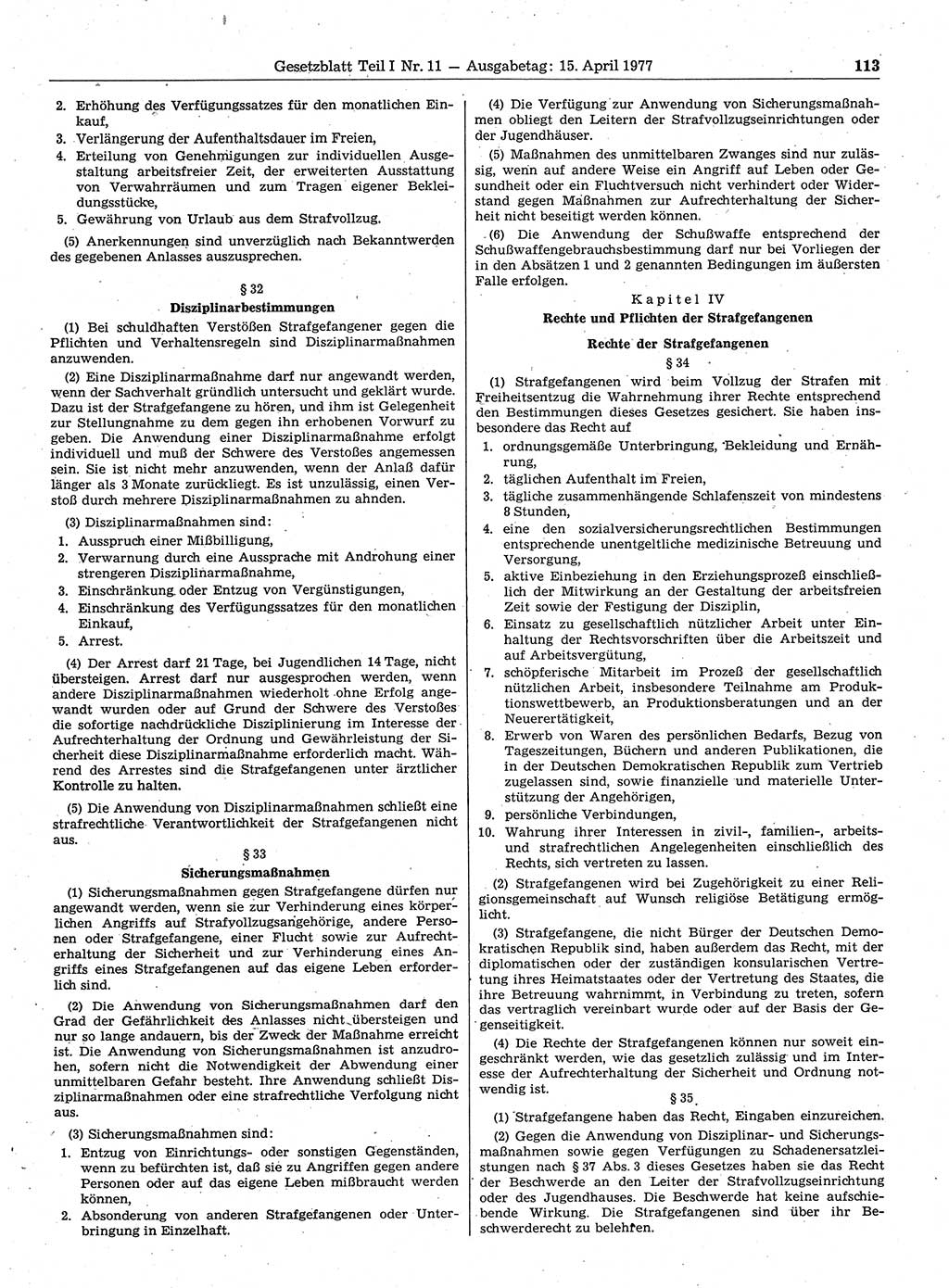 Gesetzblatt (GBl.) der Deutschen Demokratischen Republik (DDR) Teil Ⅰ 1977, Seite 113 (GBl. DDR Ⅰ 1977, S. 113)