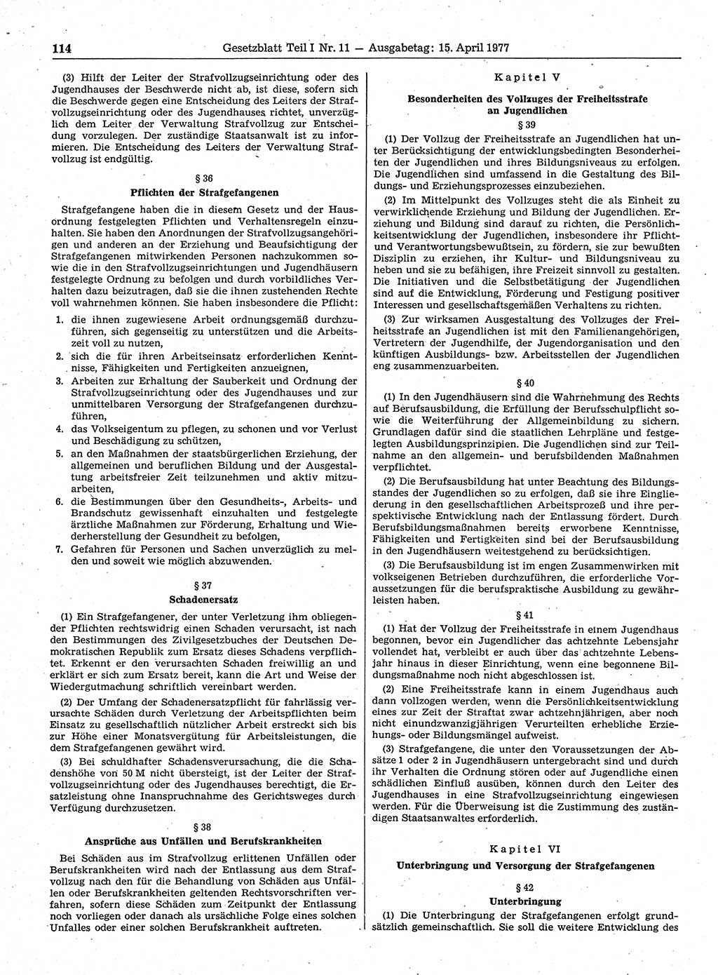 Gesetzblatt (GBl.) der Deutschen Demokratischen Republik (DDR) Teil Ⅰ 1977, Seite 114 (GBl. DDR Ⅰ 1977, S. 114)