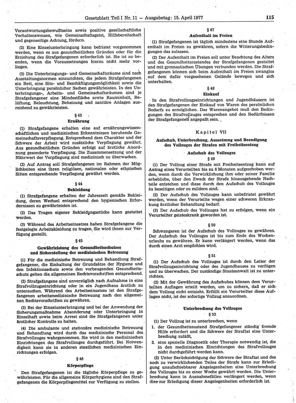 Gesetzblatt (GBl.) der Deutschen Demokratischen Republik (DDR) Teil Ⅰ 1977, Seite 115 (GBl. DDR Ⅰ 1977, S. 115)