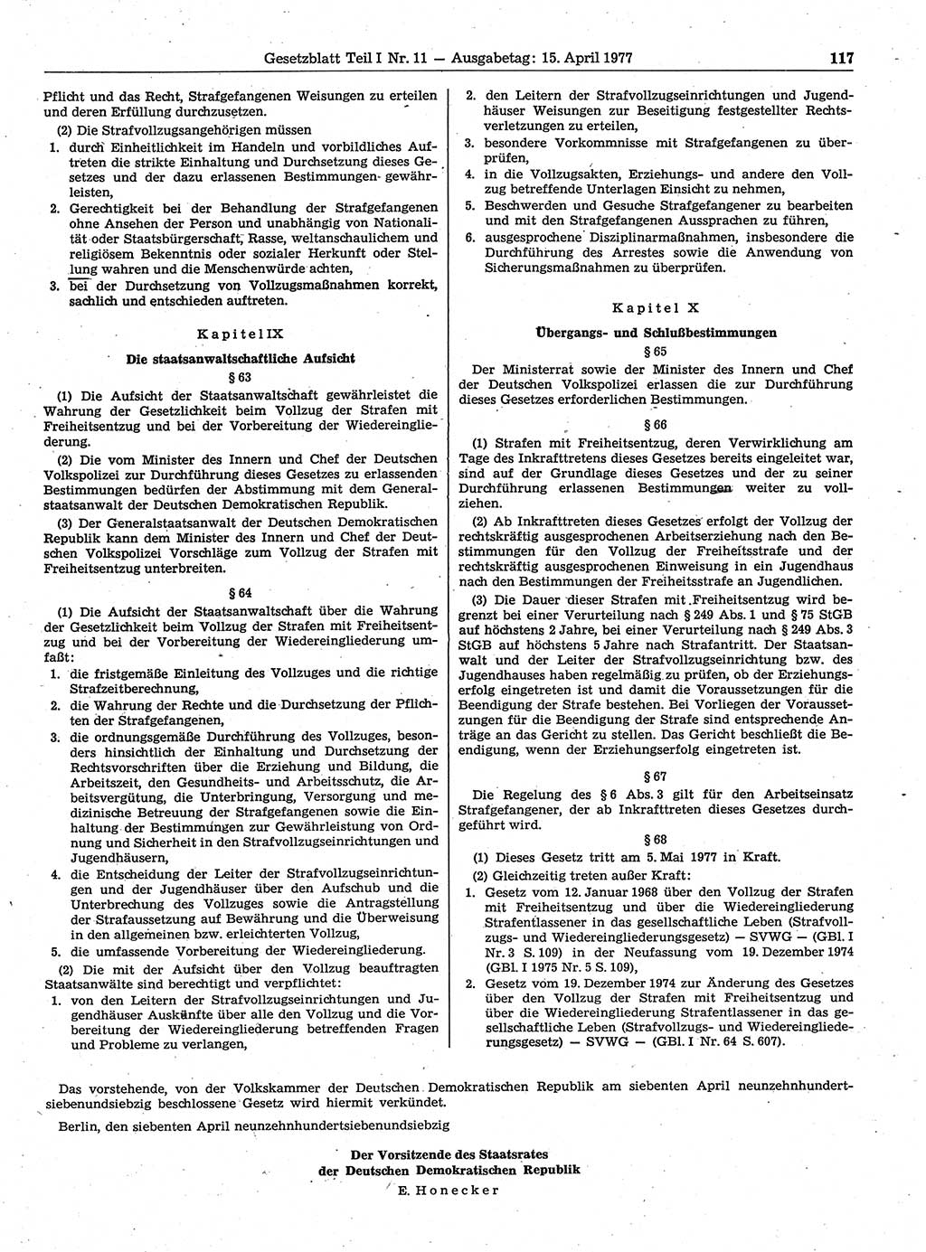 Gesetzblatt (GBl.) der Deutschen Demokratischen Republik (DDR) Teil Ⅰ 1977, Seite 117 (GBl. DDR Ⅰ 1977, S. 117)