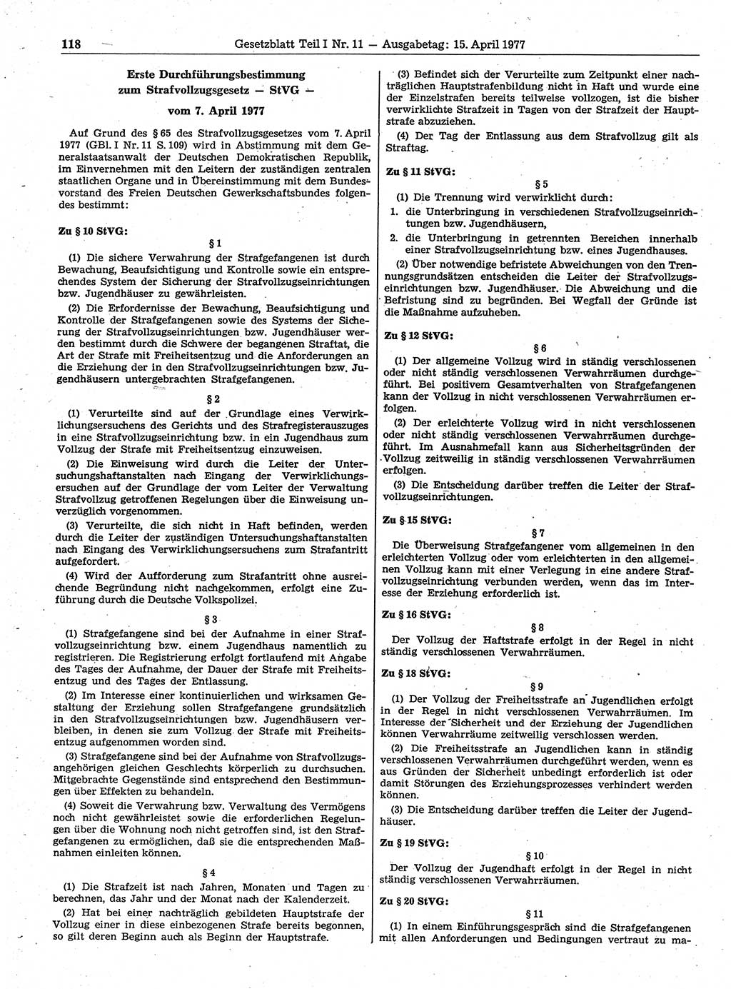 Gesetzblatt (GBl.) der Deutschen Demokratischen Republik (DDR) Teil Ⅰ 1977, Seite 118 (GBl. DDR Ⅰ 1977, S. 118)