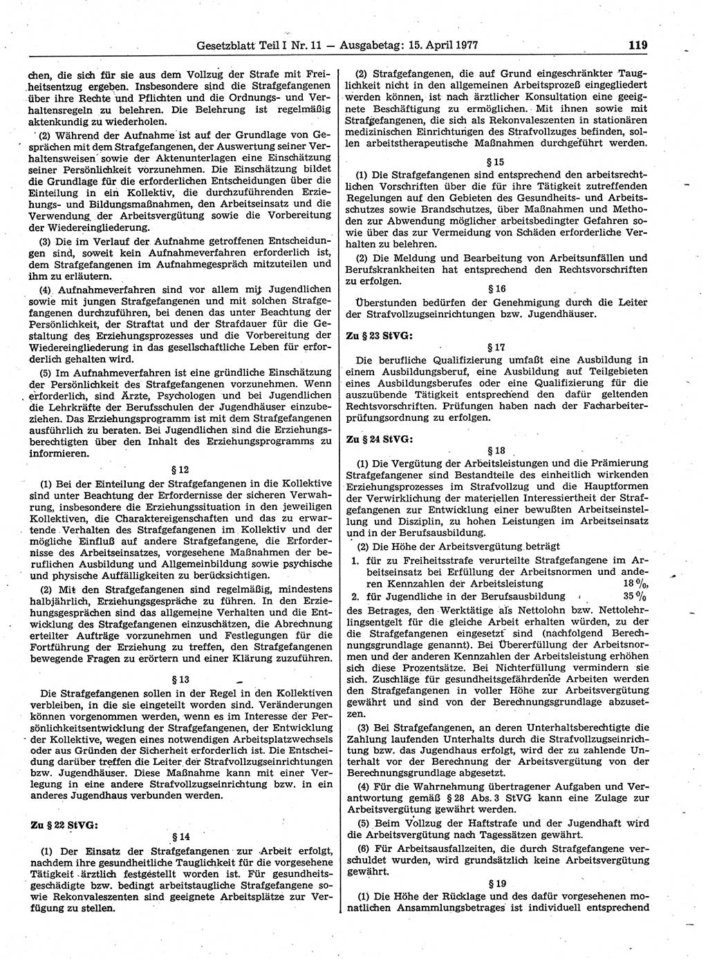 Gesetzblatt (GBl.) der Deutschen Demokratischen Republik (DDR) Teil Ⅰ 1977, Seite 119 (GBl. DDR Ⅰ 1977, S. 119)