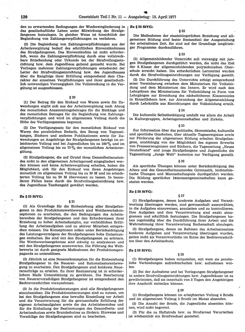 Gesetzblatt (GBl.) der Deutschen Demokratischen Republik (DDR) Teil Ⅰ 1977, Seite 120 (GBl. DDR Ⅰ 1977, S. 120)