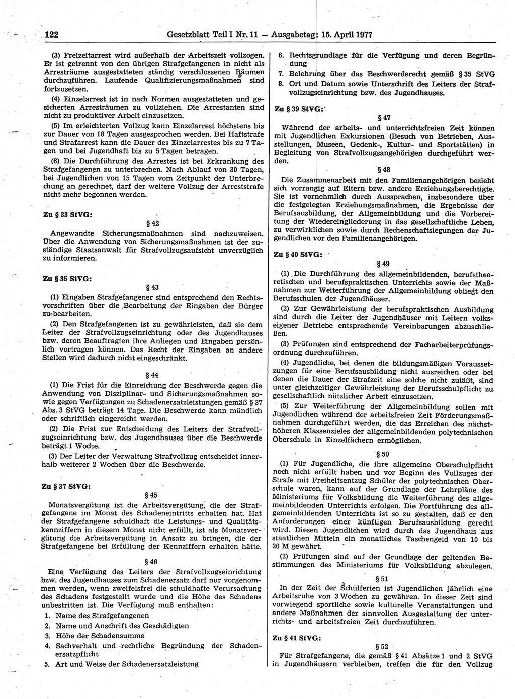 Gesetzblatt (GBl.) der Deutschen Demokratischen Republik (DDR) Teil Ⅰ 1977, Seite 122 (GBl. DDR Ⅰ 1977, S. 122)