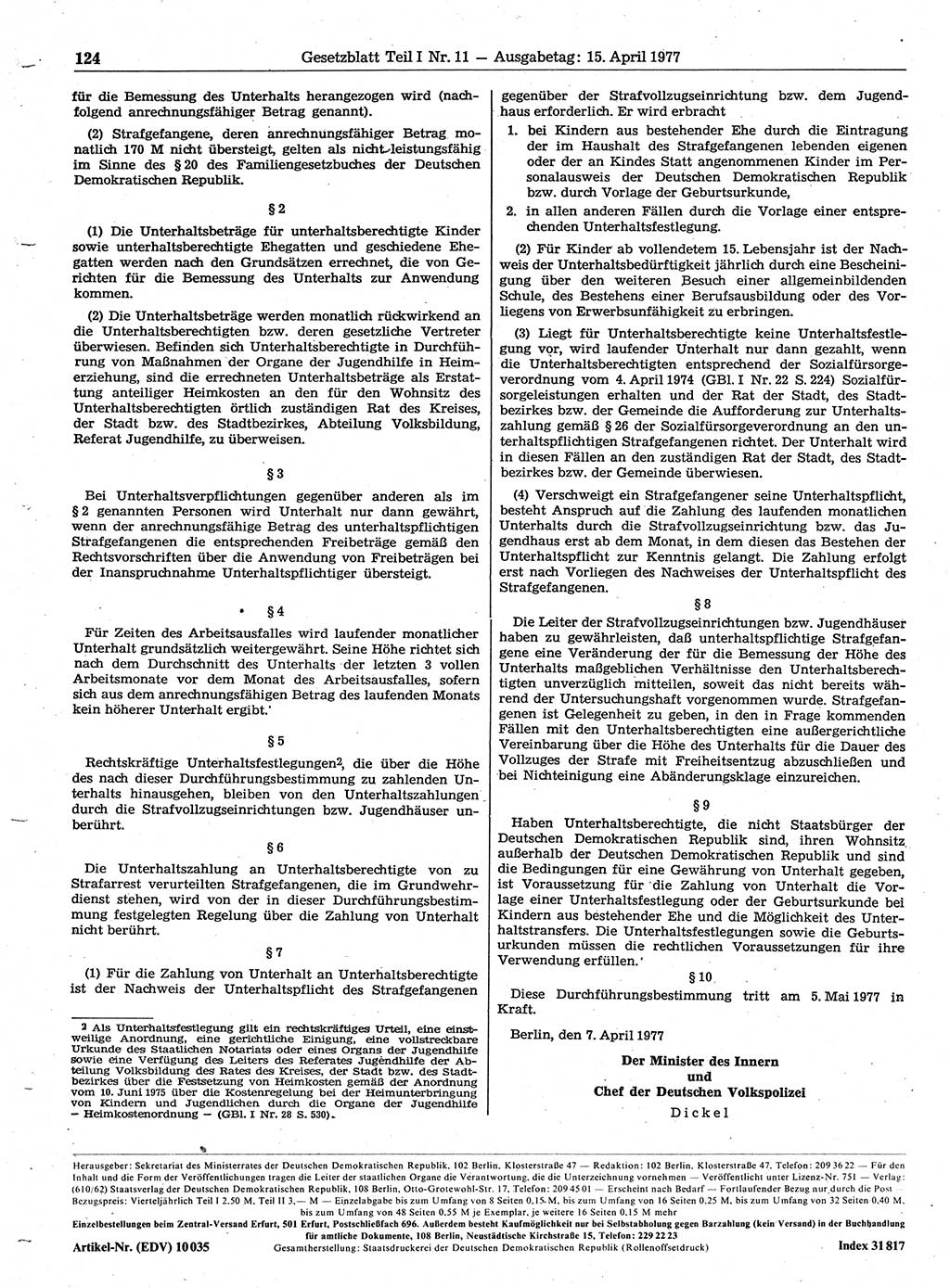 Gesetzblatt (GBl.) der Deutschen Demokratischen Republik (DDR) Teil Ⅰ 1977, Seite 124 (GBl. DDR Ⅰ 1977, S. 124)
