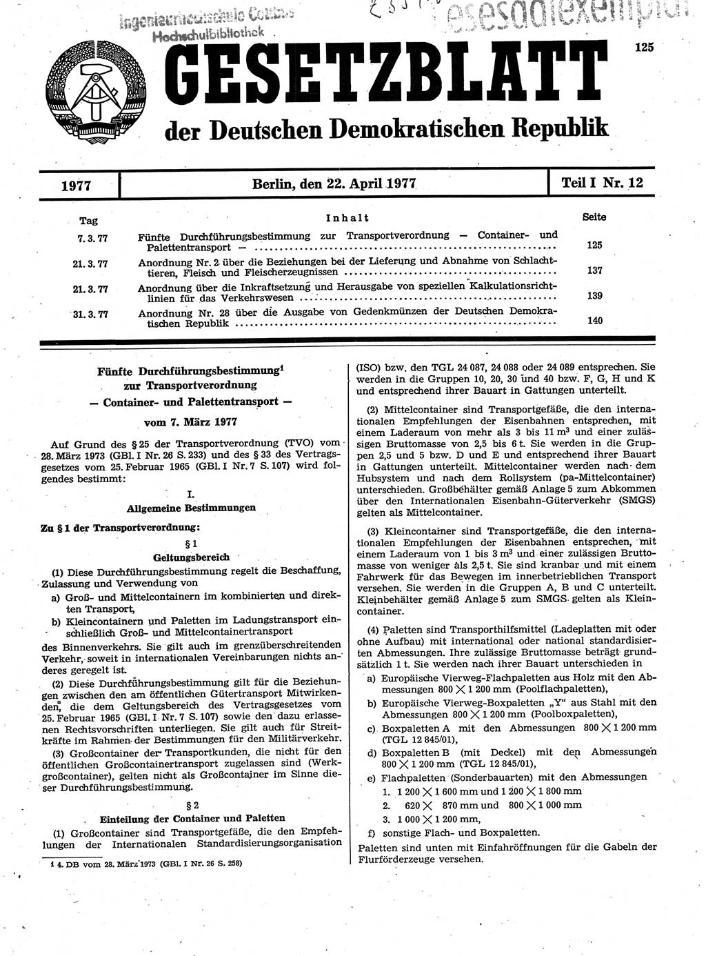 Gesetzblatt (GBl.) der Deutschen Demokratischen Republik (DDR) Teil Ⅰ 1977, Seite 125 (GBl. DDR Ⅰ 1977, S. 125)