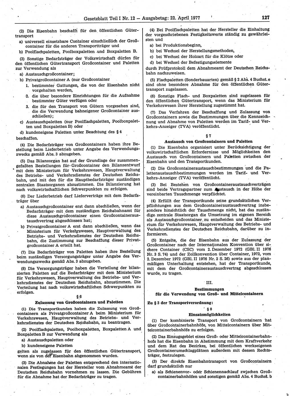 Gesetzblatt (GBl.) der Deutschen Demokratischen Republik (DDR) Teil Ⅰ 1977, Seite 127 (GBl. DDR Ⅰ 1977, S. 127)