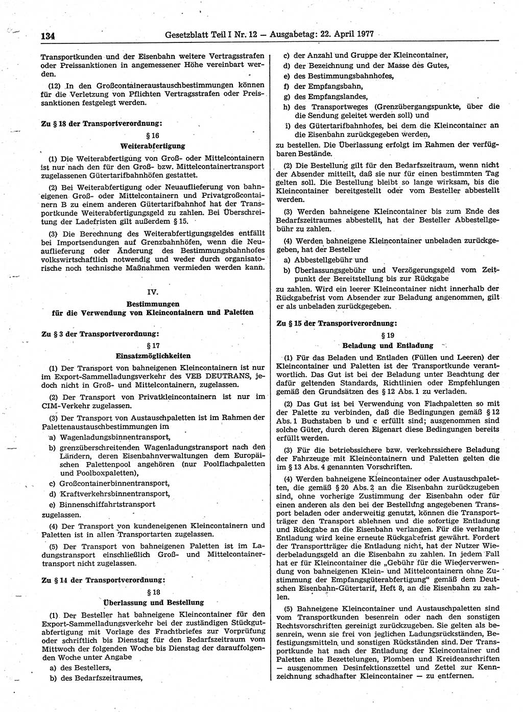 Gesetzblatt (GBl.) der Deutschen Demokratischen Republik (DDR) Teil Ⅰ 1977, Seite 134 (GBl. DDR Ⅰ 1977, S. 134)