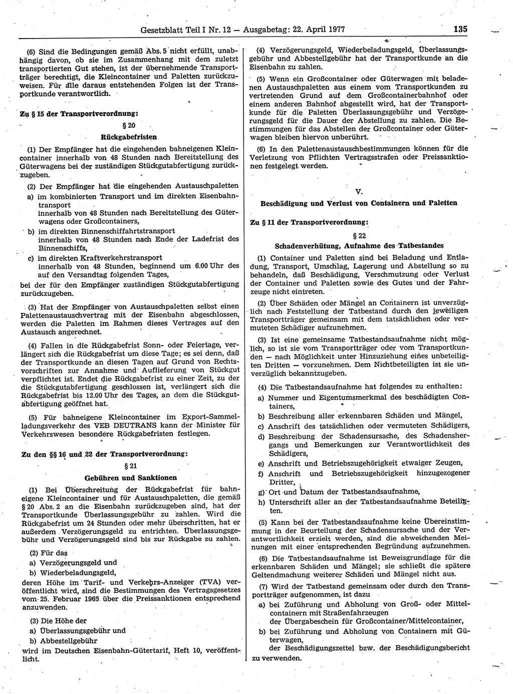 Gesetzblatt (GBl.) der Deutschen Demokratischen Republik (DDR) Teil Ⅰ 1977, Seite 135 (GBl. DDR Ⅰ 1977, S. 135)