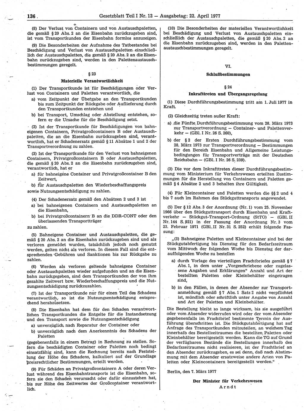 Gesetzblatt (GBl.) der Deutschen Demokratischen Republik (DDR) Teil Ⅰ 1977, Seite 136 (GBl. DDR Ⅰ 1977, S. 136)
