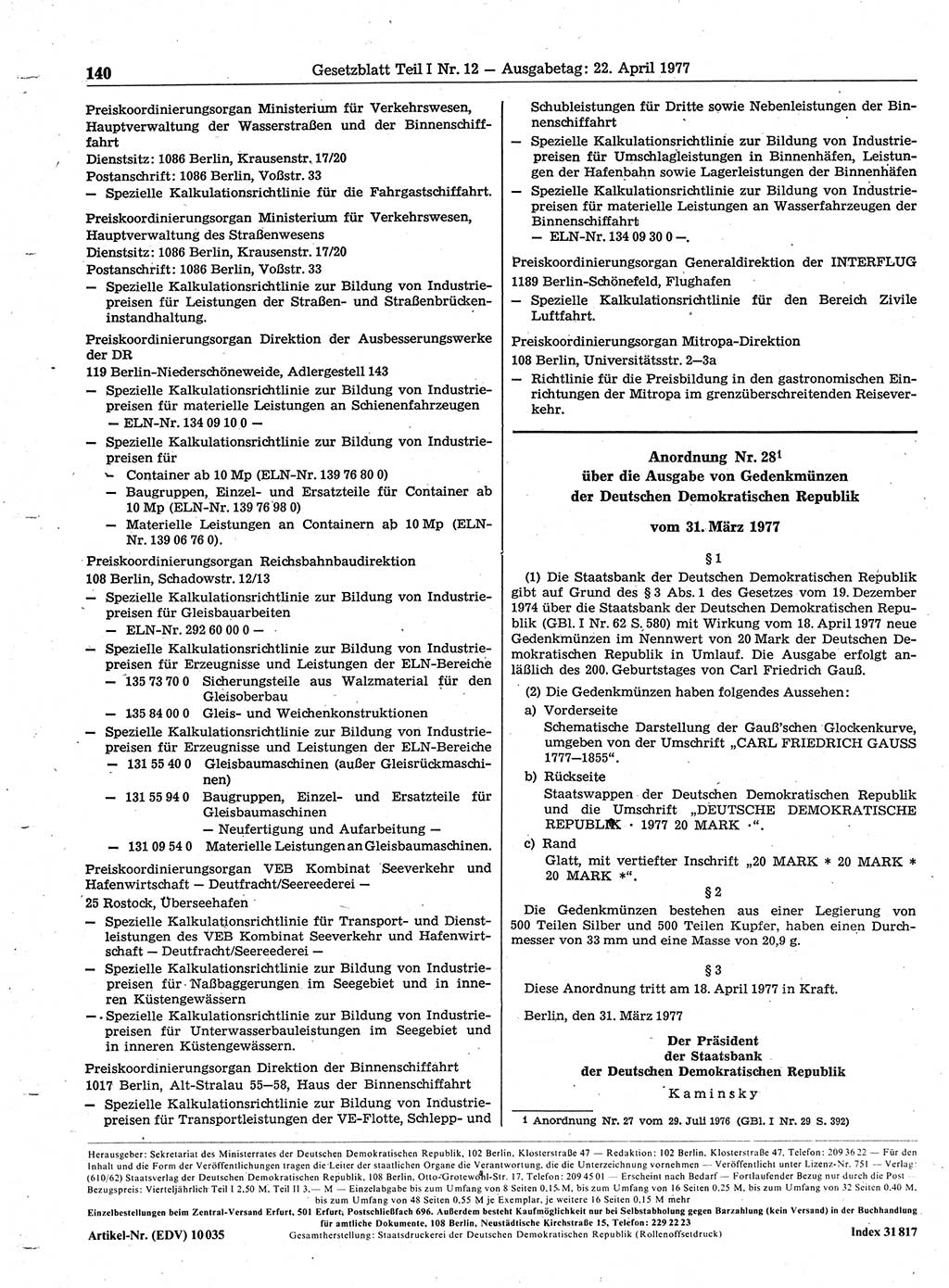 Gesetzblatt (GBl.) der Deutschen Demokratischen Republik (DDR) Teil Ⅰ 1977, Seite 140 (GBl. DDR Ⅰ 1977, S. 140)