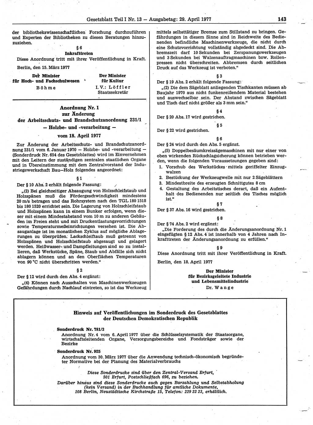 Gesetzblatt (GBl.) der Deutschen Demokratischen Republik (DDR) Teil Ⅰ 1977, Seite 143 (GBl. DDR Ⅰ 1977, S. 143)